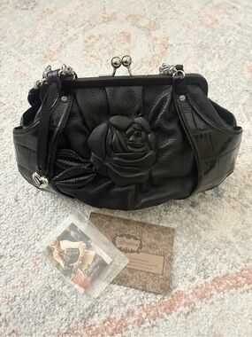 Brighton Rosine Black Leather 3D Rose Kiss Lock Handbag -